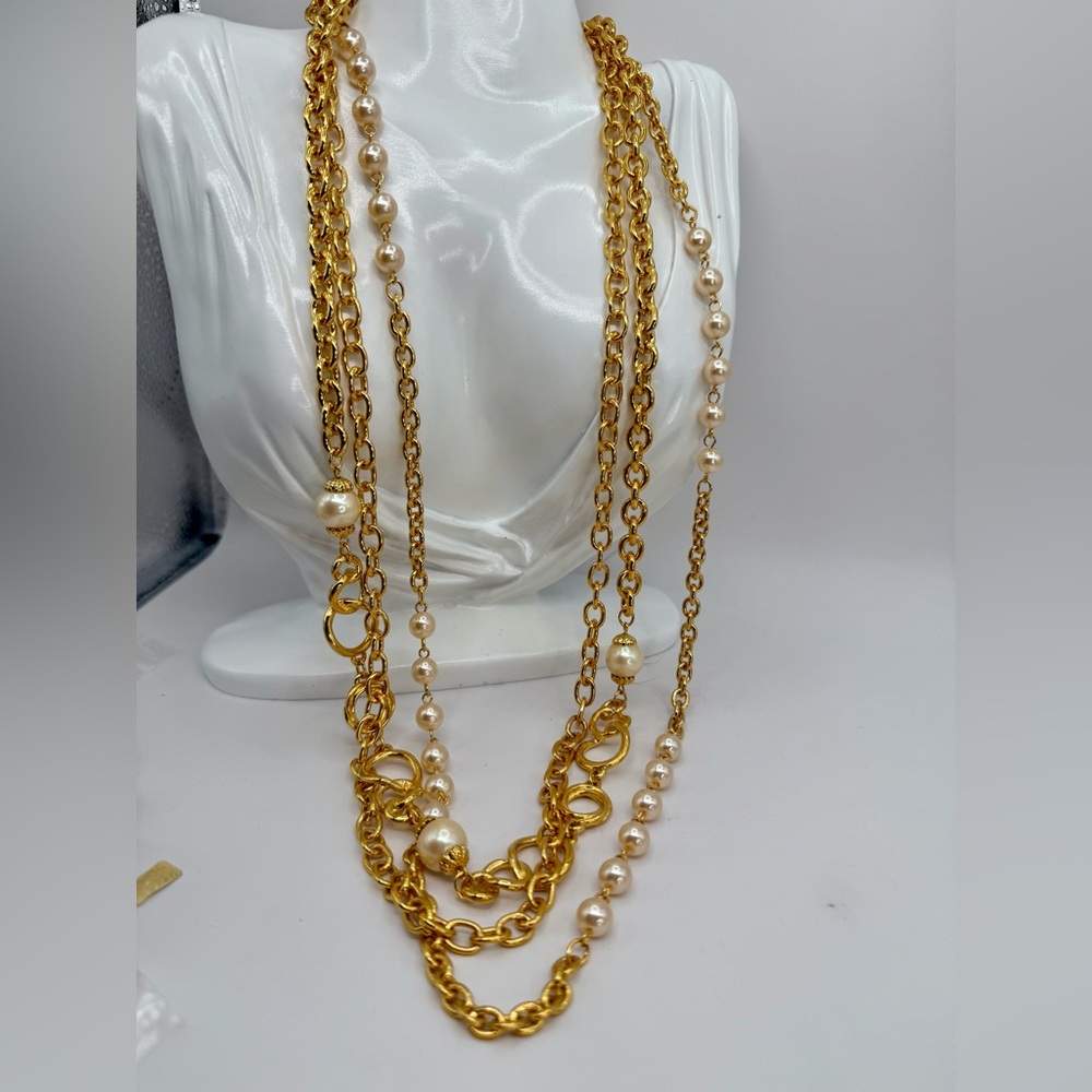 Vintage Premier Design Gold and Faux Pearl Multi-strand Necklace Signed Hangtag